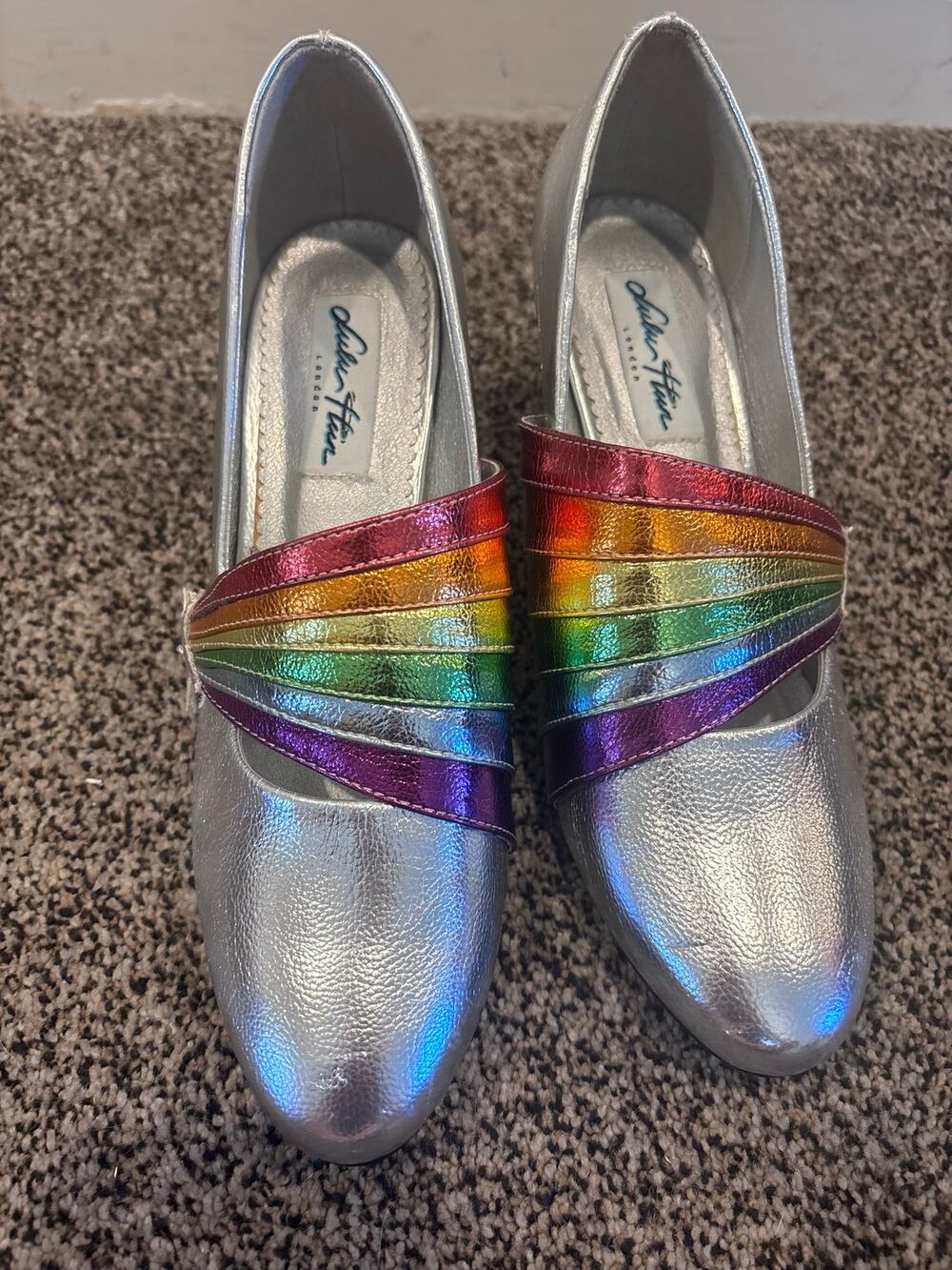 Lulu Hun London Silver Metallic Rainbow Stripe Heels UK size 6